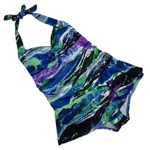 Simply Swim Women One Piece Halter Swimsuit Skirt Blue Purple Abstract Print 10